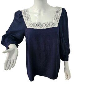 Nanette Lepore Peasant Top Square Neck White Lace on Navy W 3/4 Slv Women M